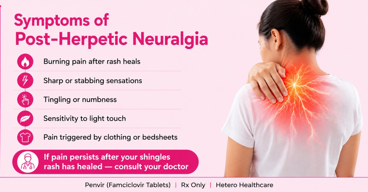 Penvir infographic illustrating symptoms of post-herpetic neuralgia (PHN), including persistent burning pain, tingling, numbness, and sensitivity after shingles.